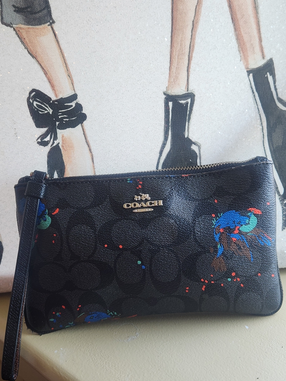 COACH Black Signature Canvas Wristlet with Blue Birds Accent Print EUC